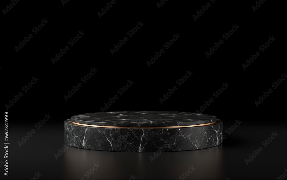 Round marble stone podium on black background. Simple stage for product, cosmetic presentation. Pedestal or platform for beauty products. Empty scene. Generative AI.