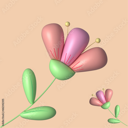 Pink flower. Realistic 3d design element In cartoon style. Vector illustration