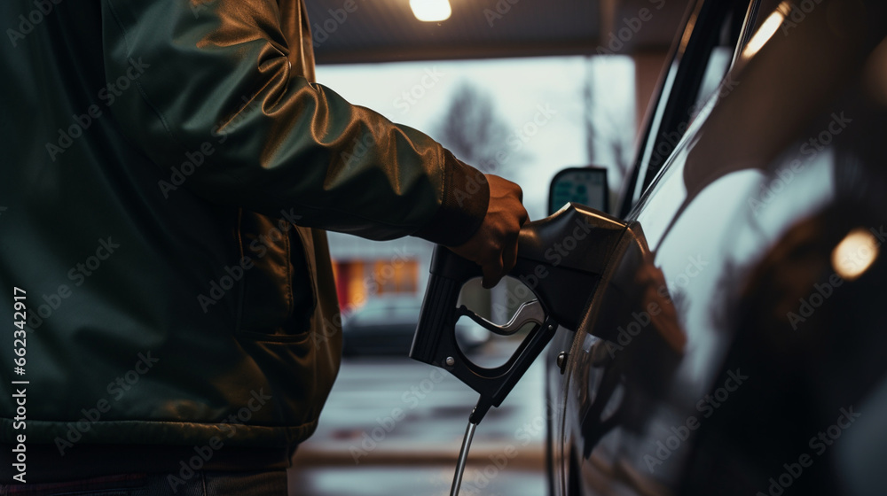 At the fueling station, a man's hand grips the gas pump handle firmly as he fills his vehicle's tank, showcasing the action from an up-close angle. 