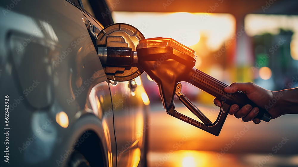 A close-up shot captures a man's hand inserting the gas pump nozzle into his car's tank as he begins the refueling process at a well-lit gas station.  - obrazy, fototapety, plakaty 