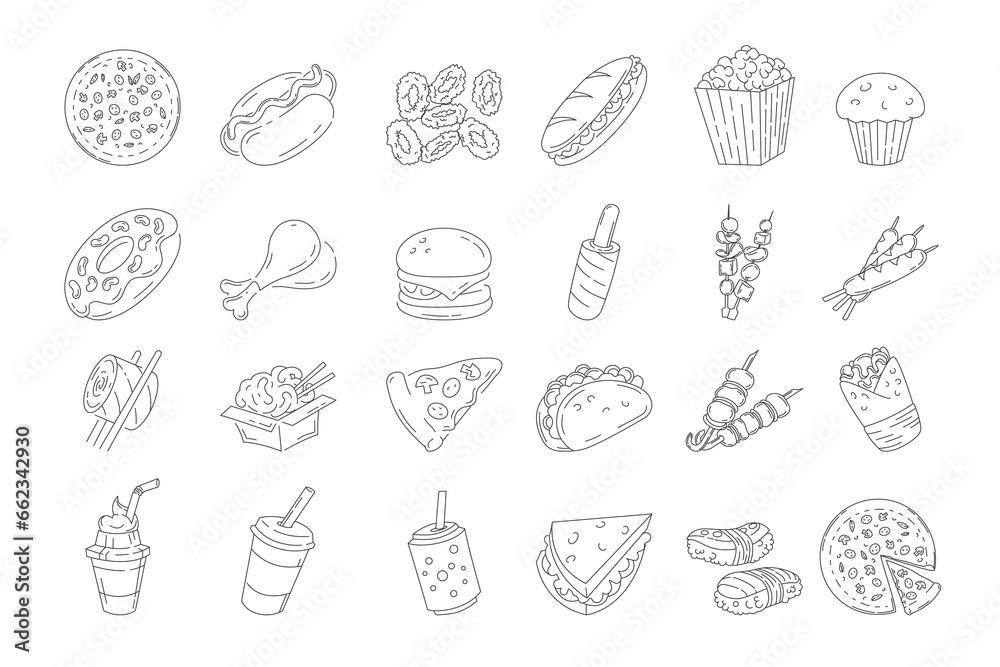 line fast food icons set. Unhealthy food and drinks set