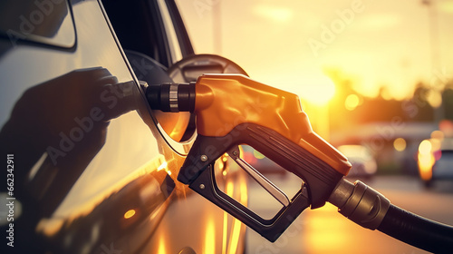A man's hand firmly grasps the gas pump nozzle as he refuels his car, offering a close-up view of the refueling process against the backdrop of the gas station.  photo