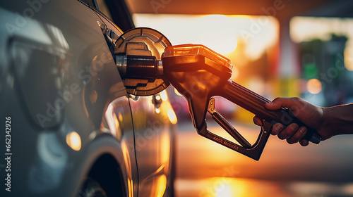 A close-up shot captures a man's hand inserting the gas pump nozzle into his car's tank as he begins the refueling process at a well-lit gas station. 