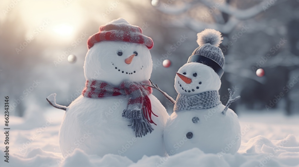 Obraz premium Couple happy snowman standing in winter christmas landscape