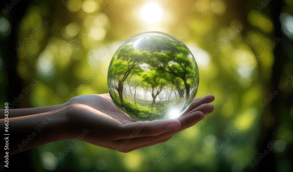 A human hand clutching a glass ball containing a tree. idea of protecting the environment. superior quality image