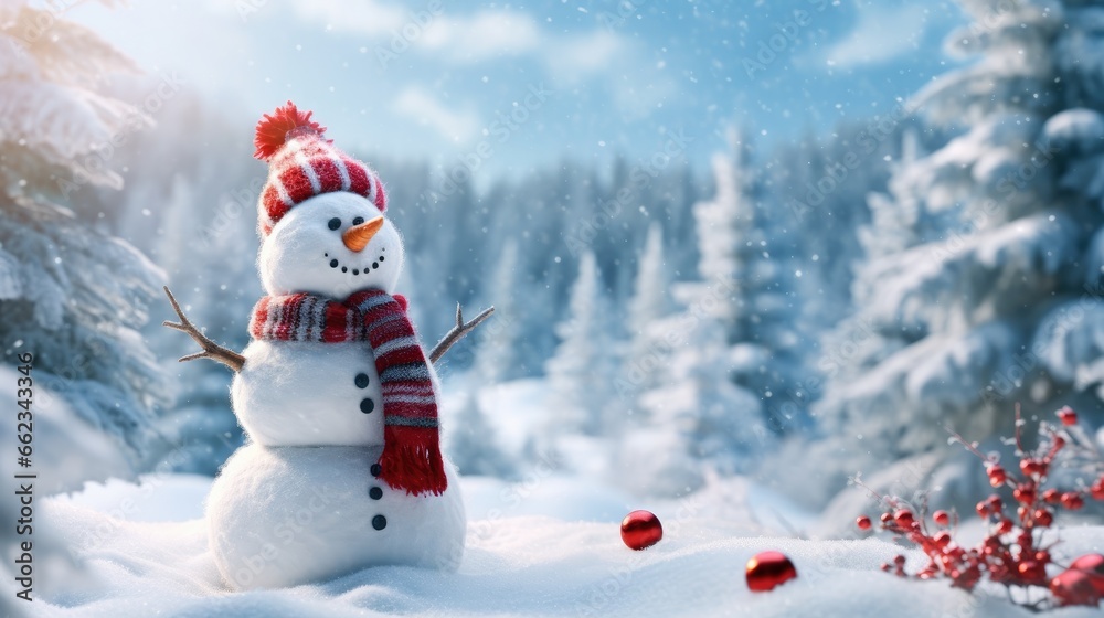 Fototapeta premium Snowman in winter secenery. Merry christmas and happy new year