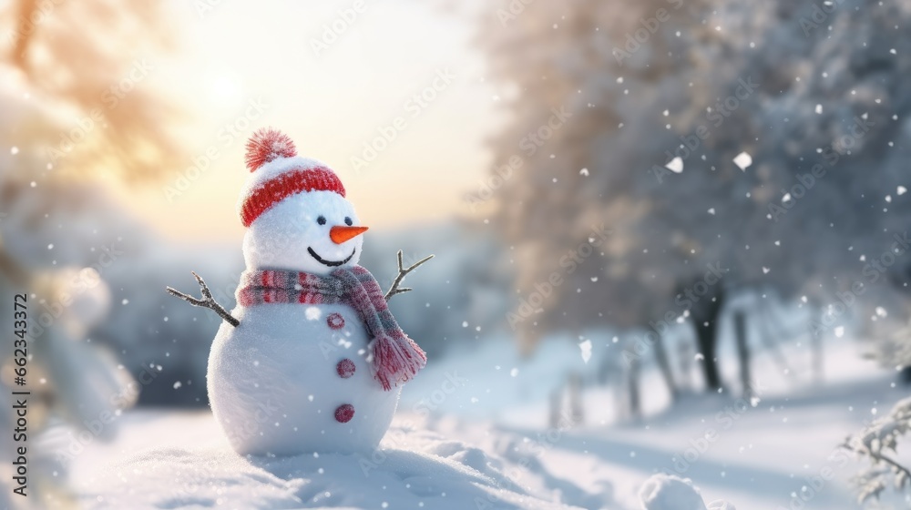 Fototapeta premium Snowman in winter secenery. Merry christmas and happy new year