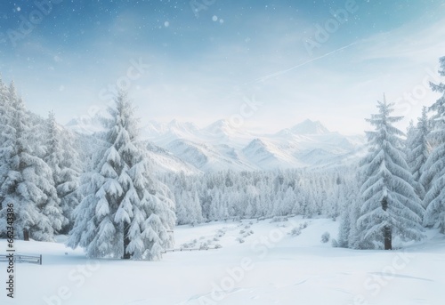 Amazing scene of snow-capped pine trees in a frosty morning, illuminated by bright sunshine. Wonderful natural setting in a valley of winter mountains. Holiday, Christmas concept © CFK