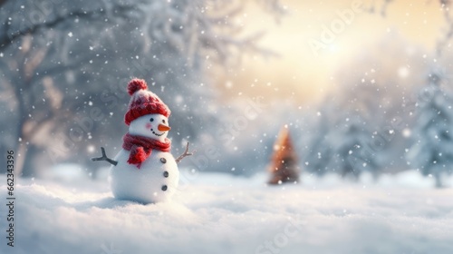 Snowman in winter secenery. Merry christmas and happy new year © kanpisut
