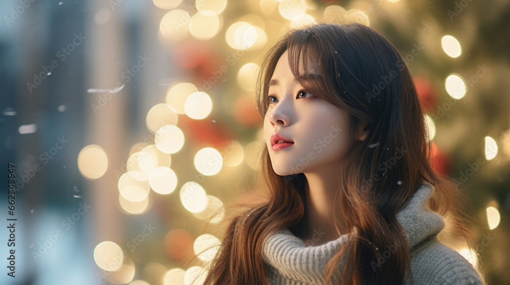 Close up portrait of beautiful asian woman in winter sweater. Christmas holidays concept.