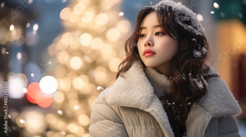 Close up portrait of beautiful asian woman in winter clothes. Christmas holidays concept.
