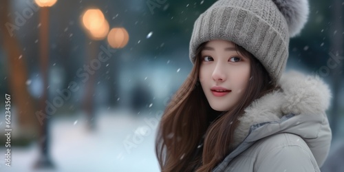 Close up portrait of beautiful asian woman in winter clothes. Christmas holidays concept.