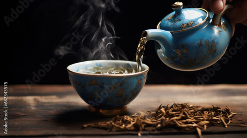 Tea Time Elegance: Closeup of Pouring Hot Tea into a Beautiful Blue Chinese Porcelain Cup on Wooden Table, for Tea Ceremony or Relaxation