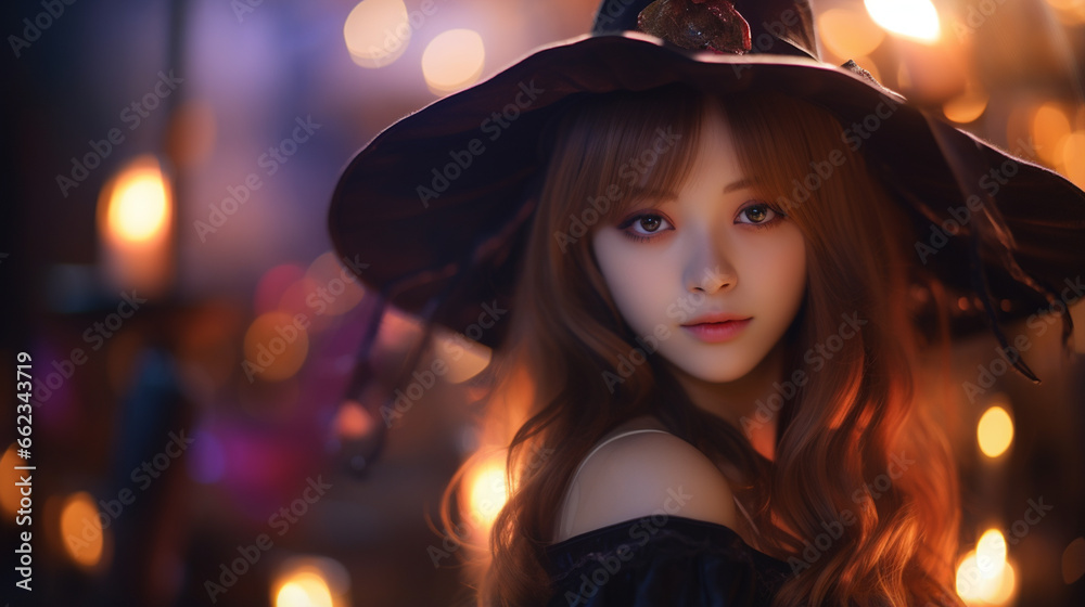 Fototapeta premium Young woman dressed in a witch costume, on Halloween. 