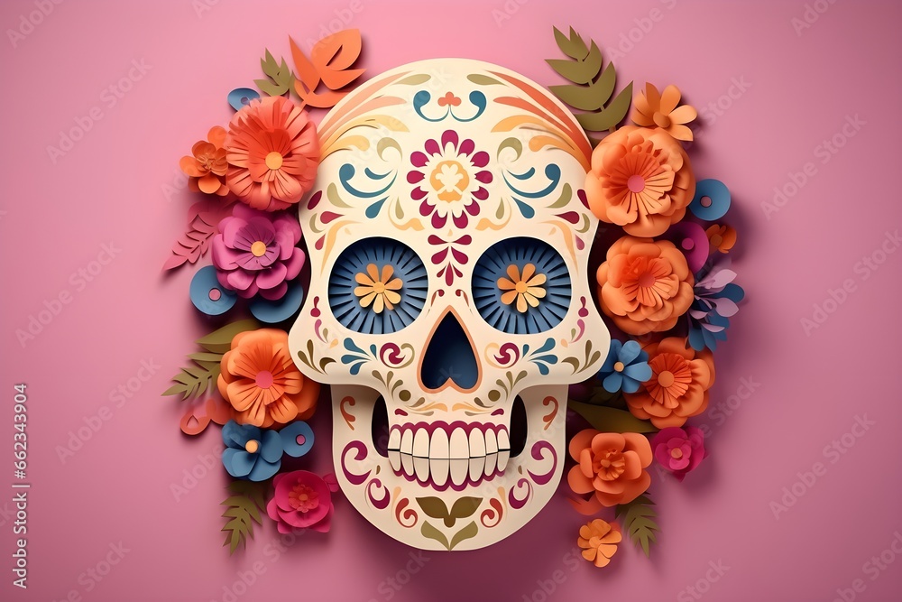 Mexican Day of the Dead banner Background, Halloween Dia De Los Muertos, Mexican Sugar Skull, Pink Background with flowers