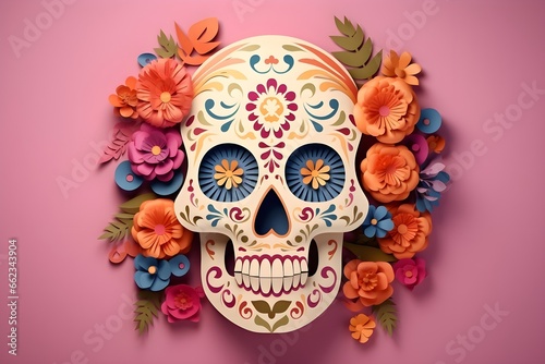 Mexican Day of the Dead banner Background, Halloween Dia De Los Muertos, Mexican Sugar Skull, Pink Background with flowers