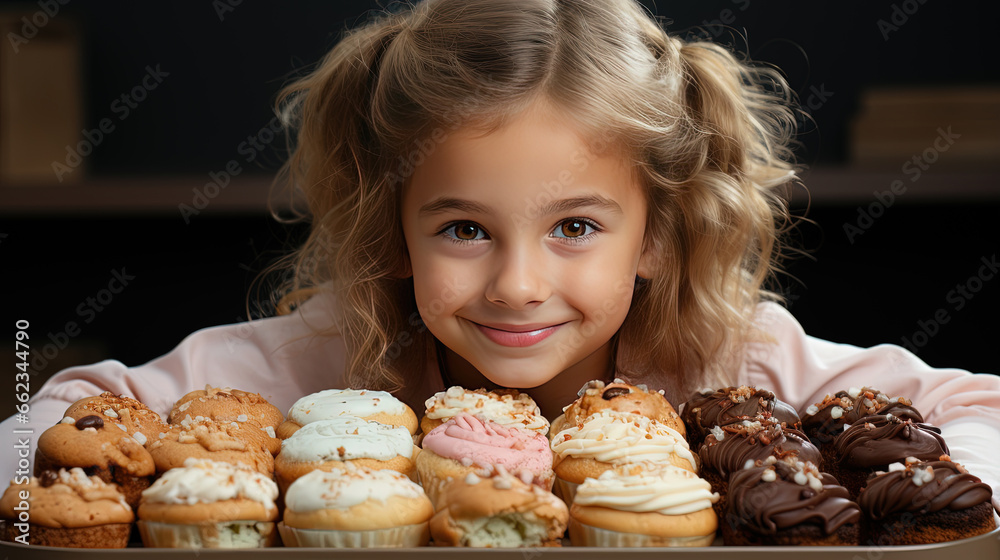 A Cute Happy Girl with Beautiful Cakes Background Selective Focus A Cute Happy Girl with Beautiful Cakes Background Selective Focus