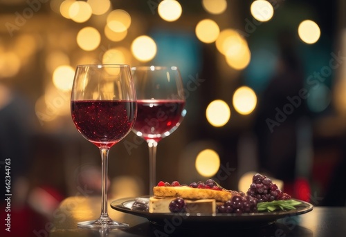 Restaurant background with bokeh of red wine in two tall wine glasses. Copy space for text  advertising  message  logo