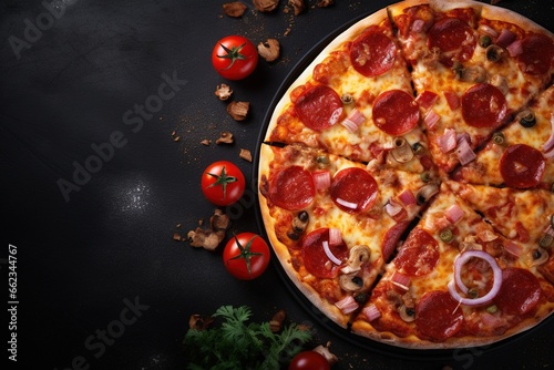 Pepperoni pizza on a Dark background. Top view with copy space.