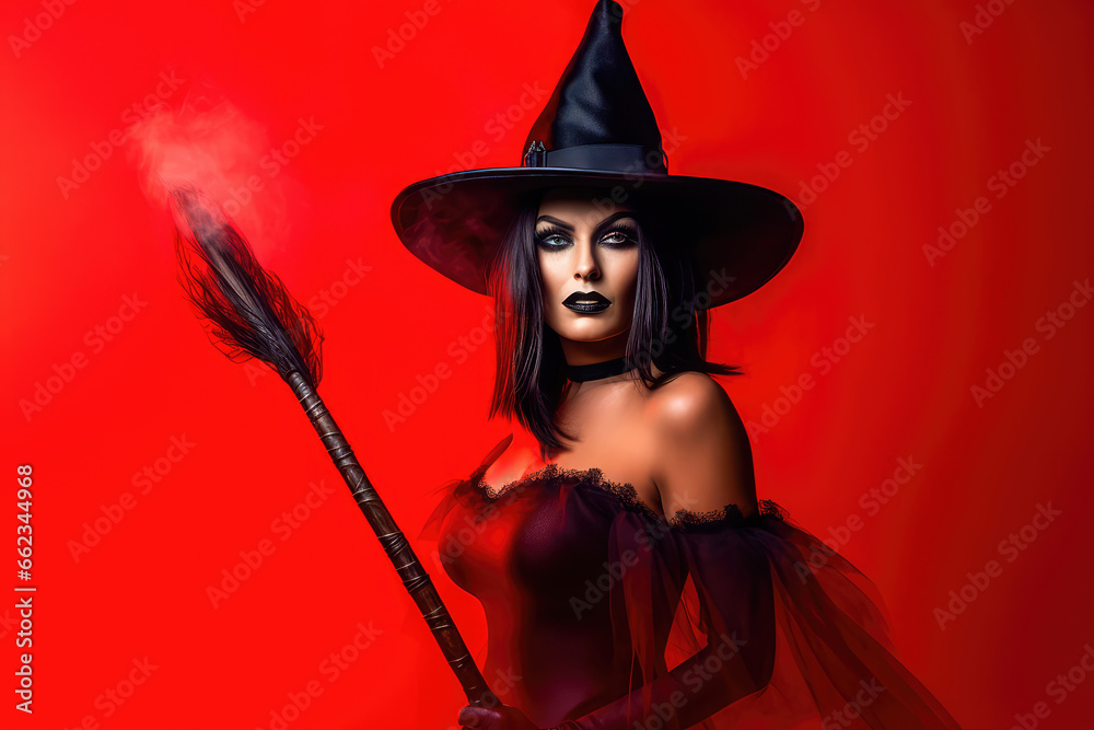 An illustration of a devilish cruel mysterious woman in a Gothic witch dress holding a flying broom isolated by a red background. Generative AI An illustration of a devilish cruel mysterious woman in a Gothic witch dress holding a flying broom isolated by a red background. Generative AI