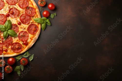 Pepperoni pizza on a Dark background. Top view with copy space.