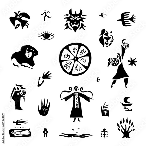 shaman magician fairytale character , paganism ancient religion shamanism  - vector icon set, isolated graphic silhouettes collection

