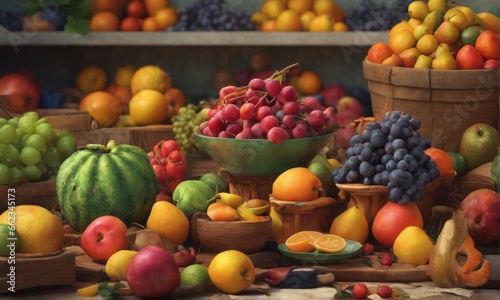 fresh fruits on table fresh fruits on table 3d illustration of fruits, berries and vegetables