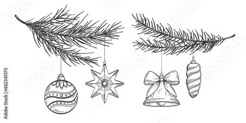 Fir branches with Christmas toys. New Year's toys on the tree. Holiday decorations ,drawing. Vector illustration.