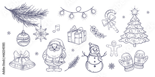 Set of Christmas drawings. New Year hand drawn decorations . Santa Claus ,gifts, snowman, Christmas tree. Vector illustration.