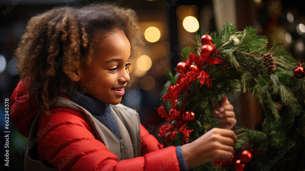 Children makes a Christmas wreath on the door. Children makes a Christmas wreath on the door.