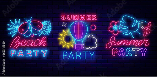 Summer party neon labels collection. Light advertising template. Hot air balloon, sun and clouds. Vector illustration