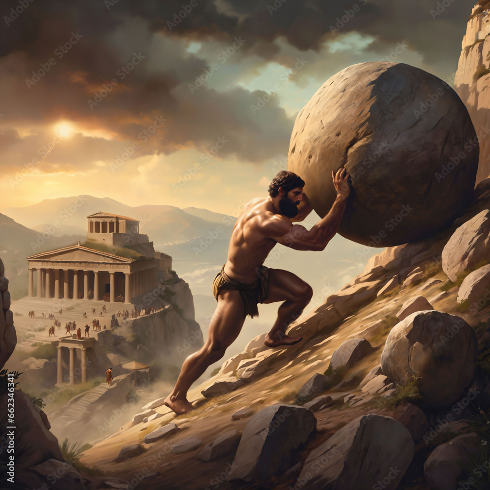 Illustration Sisyphus rolls a round boulder up a steep slope Illustration Sisyphus rolls a round boulder up a steep slope