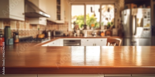 photo of a kitchen with a wooden table with a blur effect behind it. generative AI