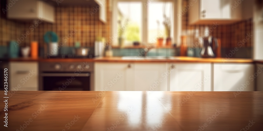 wooden table in the kitchen with blur effect behind it. generative AI wooden table in the kitchen with blur effect behind it. generative AI