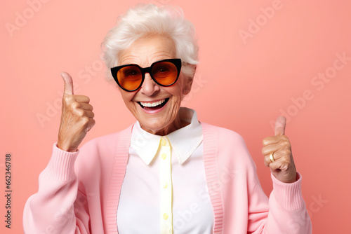 Happy senior woman looking at camera in thumbs up greeting gesture