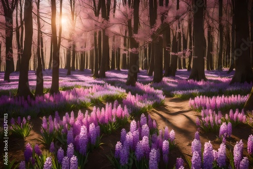 Spring glade in forest with flowering pink and purple hyacinths  nature.  photo