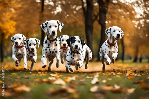 Cute funny dalmatian dogs group running and playing on green grass in park in autum © Mahreen