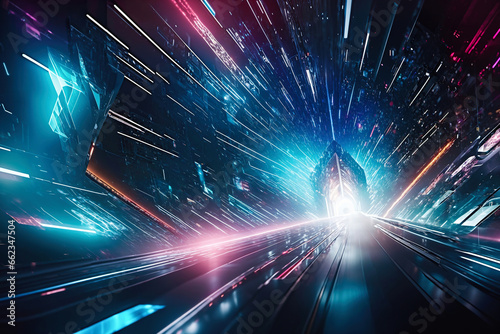 abstract technology tunnel with motion blur and blue light. 3d rendering