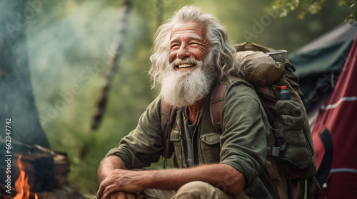 Happy and healthy senior man smiling while enjoying an active lifestyle in nature and outdoor camping photo