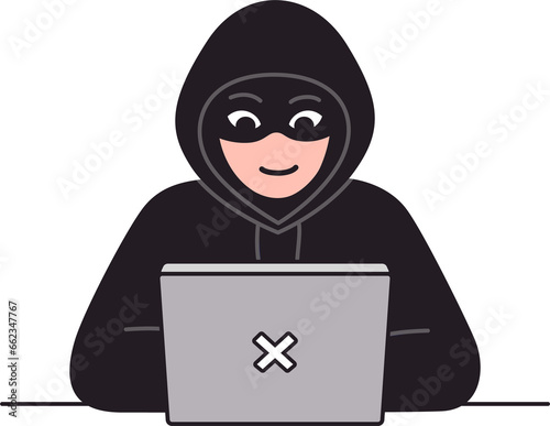 Hacker character in black hoodie with laptop computer. Cyber attack and security illustration.
