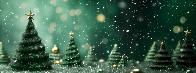 Green Christmas card with gold lights on abstract defocused dark background, top view