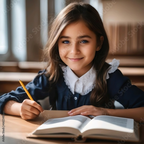 Niña sonriente frente a un libro con un lápiz en la mano estudiando 