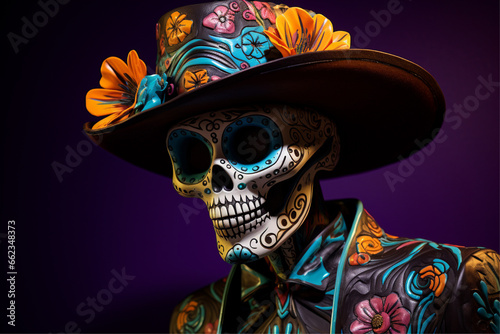dia de los muertos, featuring a skeleton holding a skull hat, dia de los muertos colorful skeleton in tejas and hat