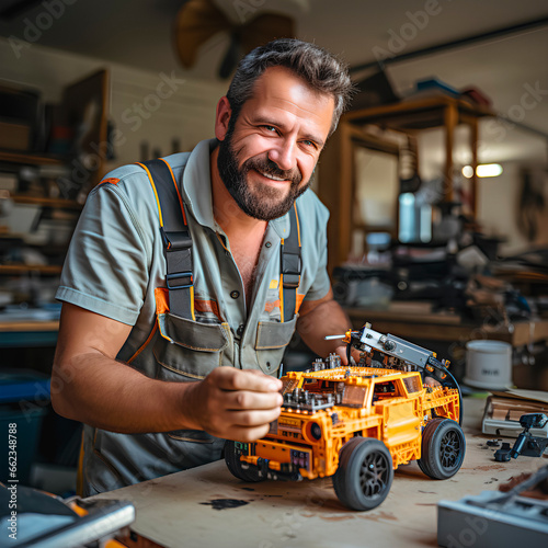 Person fixing an electronic toy car. Young man inventor creating a new invention.  Electronics technician repairing a device. Technological concept. photo
