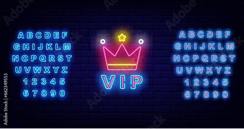Vip neon label with pink crown. Very important person label. Shiny turquoise alphabet. Vector stock illustration