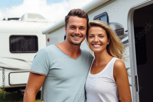 Young couple smiling looking at camera. Traveling together in motorhome is a separate type of relaxation from the hustle and bustle of a big city. Mental health and digital detox concept.