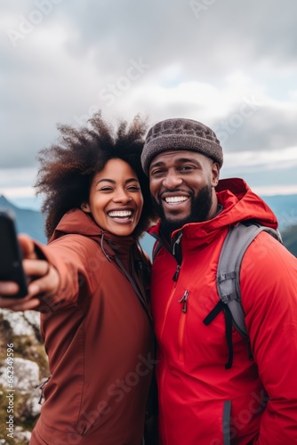 Couple of woman and man of different nationalities take selfie on their phone and smile at the top of the mountain