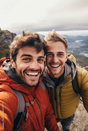 Couple of men of different nationalities take selfie on their phone and smile at the top of the mountain