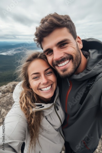 Wallpaper Mural Couple of woman and man of different nationalities take selfie on their phone and smile at the top of the mountain Torontodigital.ca