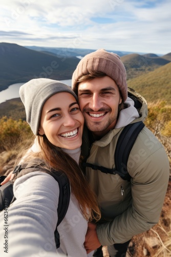 Wallpaper Mural Couple of woman and man of different nationalities take selfie on their phone and smile at the top of the mountain Torontodigital.ca